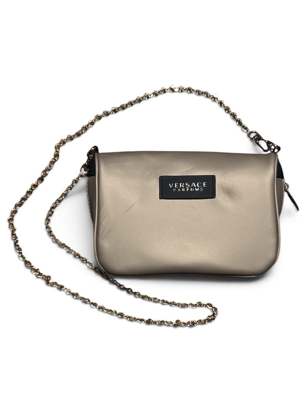 Versace Perfume Champagne Logo Crossbody Bag Gold Chain Strap NWOT
